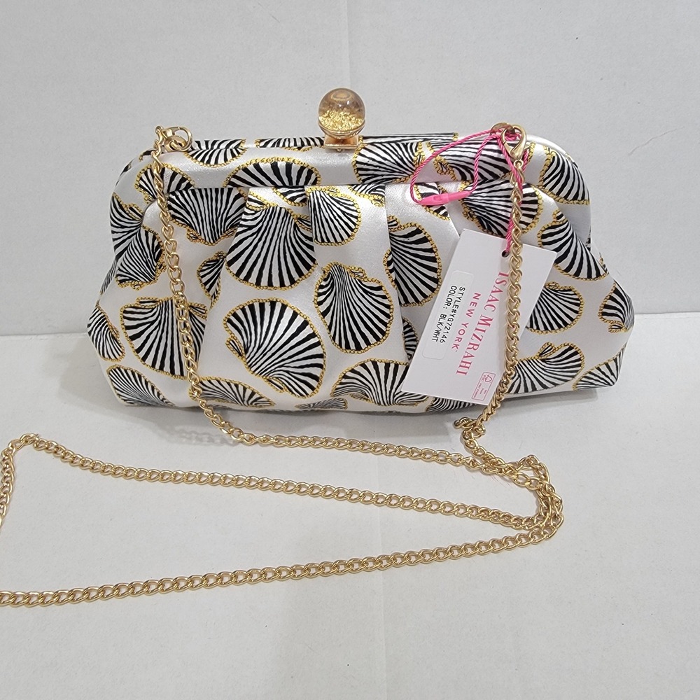 Isaac Mizrahi New York Clutch Evening Bag Black White Shells Gold Chain Clasp
